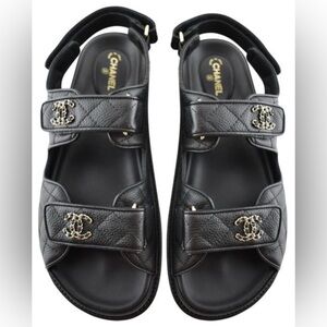 CHANEL Black Sandals with Gold Details